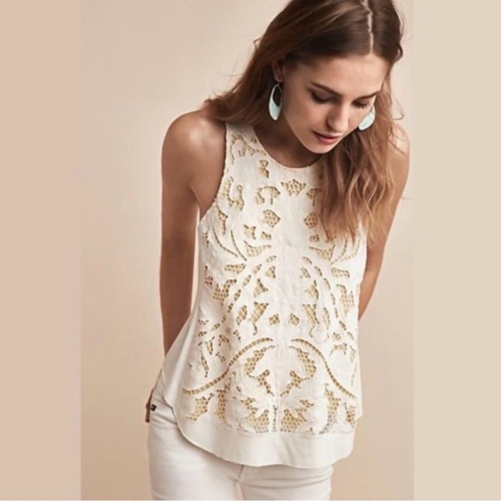Anthropologie Akemi + Kin Filigree Lace Hi-Low Top Tank Yellow Ivory Sz XS